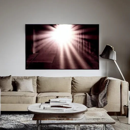 Image similar to gang members chilling around dirty couch in a beige room thick volumetric dust god rays shines through cheap blinds kinda atmosphere jonathan zawada style photography signed vinyl cover