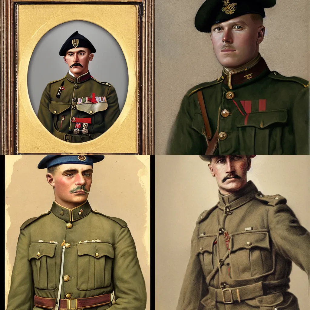 Prompt: Portrait of a WWI British Army officer. Detailed art. High resolution.