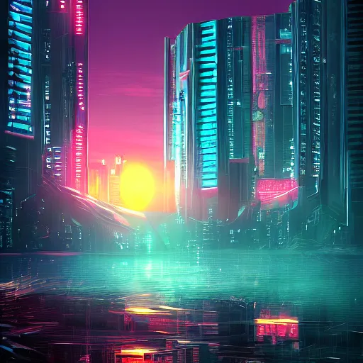 Image similar to beautiful sunrise in dreamscape cyberpunk arstation