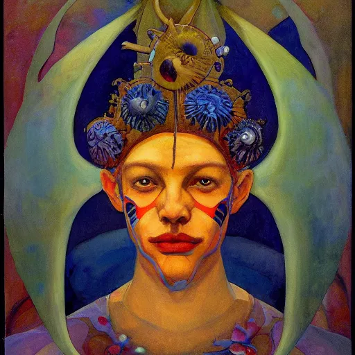 Image similar to the eyeball crown, by Annie Swynnerton and Nicholas Roerich and Diego Rivera, bioluminescent skin, elaborate costume, geometric ornament, symbolist, rich color, dramatic cinematic lighting, smooth, sharp focus, extremely detailed