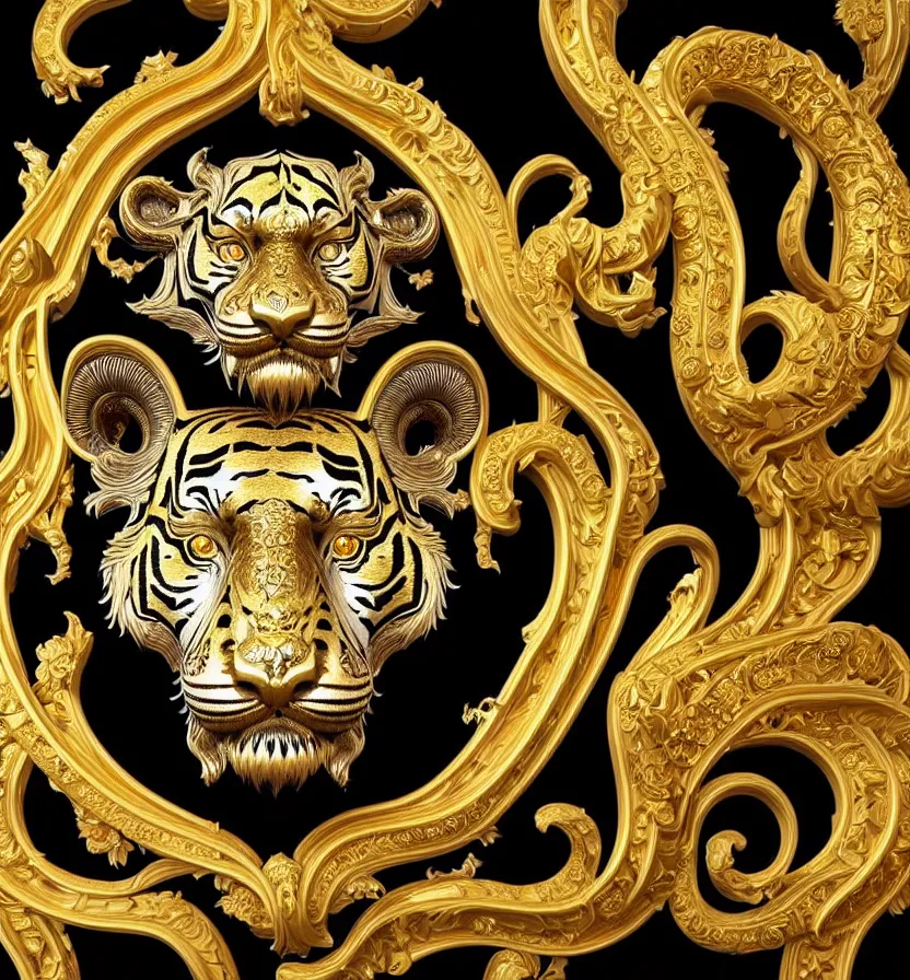 Image similar to beautiful portrait of a large ornate and intricate rococo carved marble and gold tiger face, 3 d, photorealistic, symmetric, front facing, centered, hyper detailed, gold plated on black background, wallpaper, detailed and intricate emblem, baroque medallion,