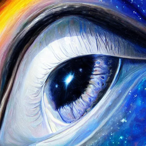 Image similar to a highly detailed photorealistic painting of a human eye reflecting outer space