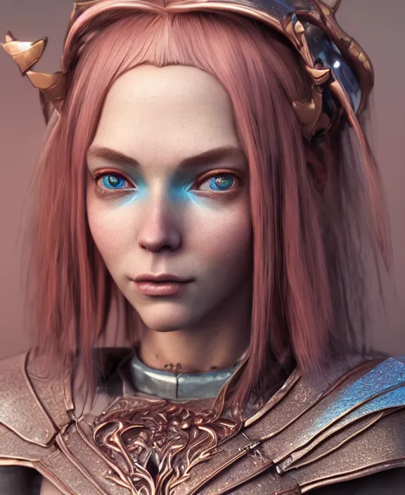 Prompt: a beautiful and highly detailed digital portrait of a dignified elf with long blue hair in rose gold armor by nina tryggvadottir, centered, artsation contest winner, cgsociety, fantasy art, cryengine, concept art, photorealism, daz 3 d, sketchfab, zbrush, vray