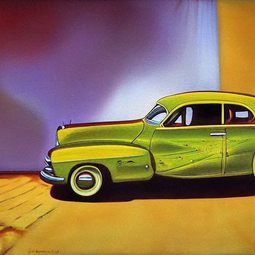 Image similar to impressionist surreal distorted painting of a car from the 4 0 s