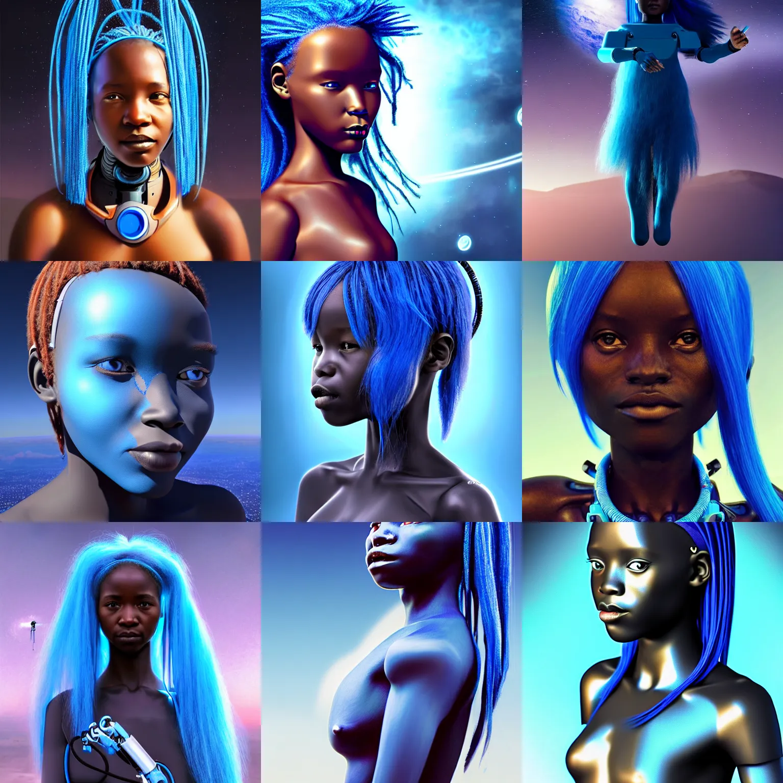 Prompt: beautiful futuristic himba girl, robotic arms, blue hair, weightless, space station, hyperrealistic, scifi, concept art, photograph