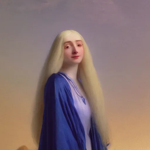 Image similar to a young woman's face, her hair is white and she wears an indigo blue satin cloak, by ivan aivazovsky and syd mead and moebius and gaston bussiere and roger dean and pieter claesz and paul delaroche and alma tadema and aelbert cuyp and jan heem, hyperrealistic, volumetric light, octane render