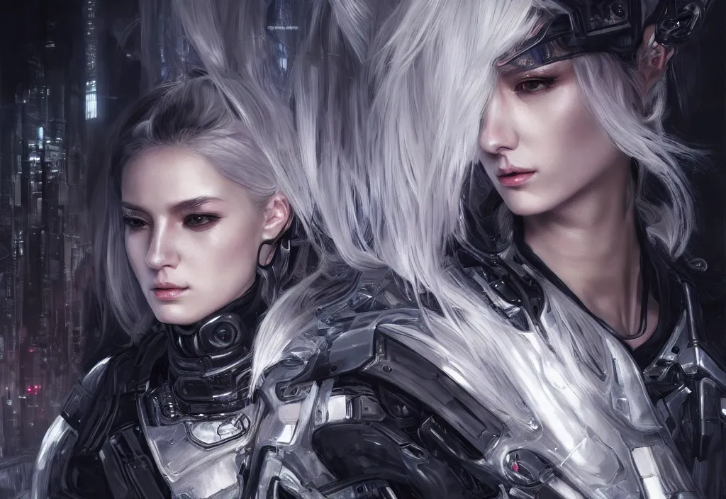 Image similar to portrait holy medium grey hair of futuristic police girl, black armored uniform, at futuristic cyberpunk tokyo night, ssci - fi and fantasy, intricate and very very very beautiful, highly detailed, digital painting, artstation, concept art, smooth and sharp focus, illustration, art by tian zi and wlop and alphonse mucha