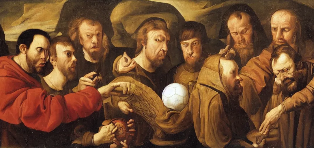 Image similar to Renaissance oil portrait of men inventing a soccer ball, one man is eating the ball, high-quality realistic oil painting with detailed strokes, robed Renaissance scholar,