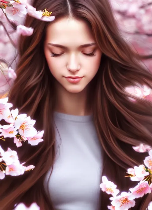 Prompt: photo of a gorgeous female with long brown hair in the style of stefan kostic, realistic, half body shot, sharp focus, 8 k high definition, insanely detailed, intricate, elegant, art by stanley lau and artgerm, cherry blossoms