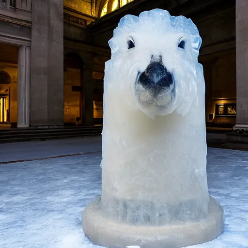 Prompt: ice carving of a capybara set up on a marble pillar at a modern museum, brightly lit