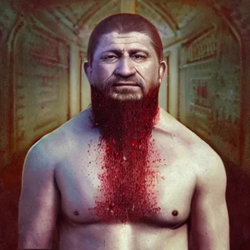 Image similar to ramzan kadyrov became bloody ugly lovecraftian degenerate abomination, photo - realistic, color image, 2 k, highly detailed, bodyhorror, occult art