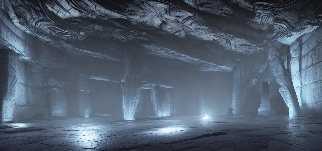 Image similar to dramatic photo of underground ancient stone alien interior, ambient occlusion, glowing straight neon lines on the floor, large glowing obelisk at the end of the room, giant looming statue, raytracing, unreal engine, dramatic lighting, detailed,, global illumination, god rays, 3 d artstation by greg rutowski and jessica rossier