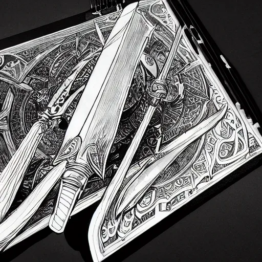 Prompt: highly detailed perspective magic sword drawing black and white goetic pen and ink concept design by hiroya oku!! mucha sword concept art design still life