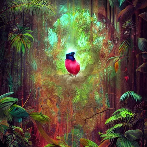 Image similar to mystical folk birdhuman character on a tropical forest, realistic proportions, hyper realism, mystic painting, glitch art, poster art, japanese design