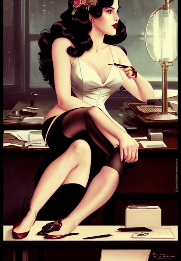 Image similar to A femme fatale sitting at the desk of a small 50’s style private detective’s office, fantasy magic, dark pin-up style hair, dark light night, intricate, elegant, sharp focus, illustration, highly detailed, digital painting, concept art, matte, art by WLOP and Artgerm and Greg Rutkowski and Alphonse Mucha, masterpiece