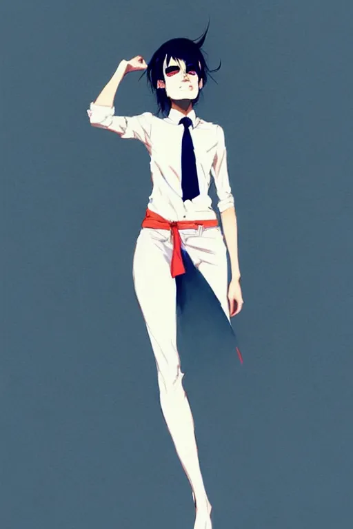 Image similar to a ultradetailed full body portrait of a woman dressed in a white shirt with a tie, by conrad roset, greg rutkowski and makoto shinkai trending on artstation