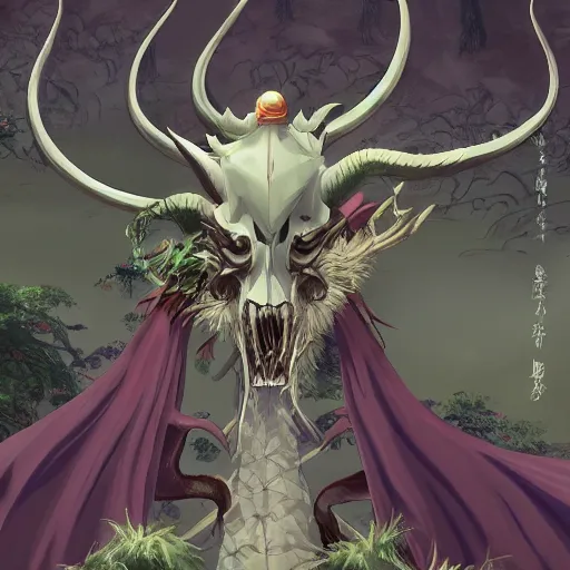 Image similar to concept art painting of an anthropomorphic dragon king with robes, a long dragon neck, and horned skull mask, in a deep forest, anime style, cel shaded, in the style of makoto shinkai and james gurney and studio ghibli and moebius