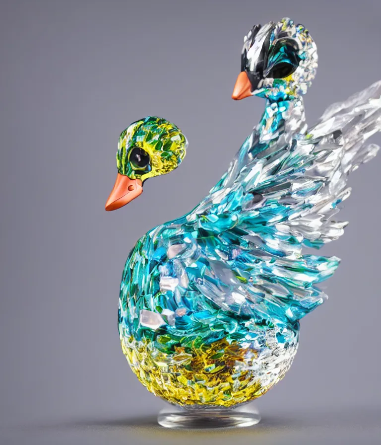 Prompt: high quality presentation photo of a Crystal glass duck, photography 4k f1.8 anamorphic bokeh 4k Canon Nikon