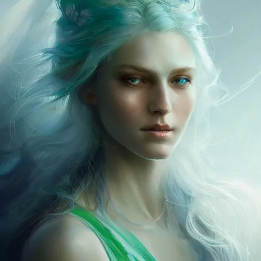 Prompt: portrait of a beautiful young woman with glowing blue eyes, flowing white hair, dressed in a green, detailed face, fantasy, highly detailed, cinematic lighting, digital art painting by greg rutkowski and artgem, trending on artstation, very very beautiful, very attractive