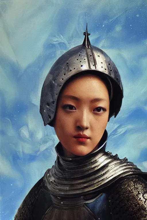 Image similar to hyperrealism oil painting, close-up portrait of medieval fashion model, knight, steel gradient mixed with nebula sky, in style of baroque mixed with 70s japan book art