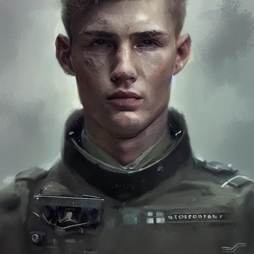 Prompt: Portrait of a man by Greg Rutkowski, he is about 20 years old, norwegian, short blond hair, young, manly, attractive, strong, older brother vibes, he is wearing futuristic military fatigues, highly detailed portrait, scifi, digital painting, artstation, concept art, smooth, sharp foccus ilustration, Artstation HQ