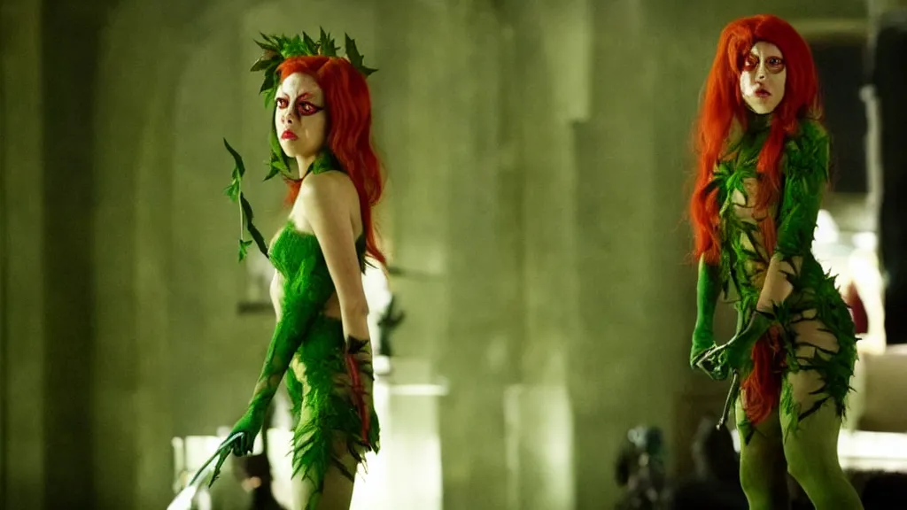 Image similar to Aubrey Plaza as Poison Ivy in The Dark Knight, green skin film still from the movie directed by Denis Villeneuve with art direction by Salvador Dalí, wide lens