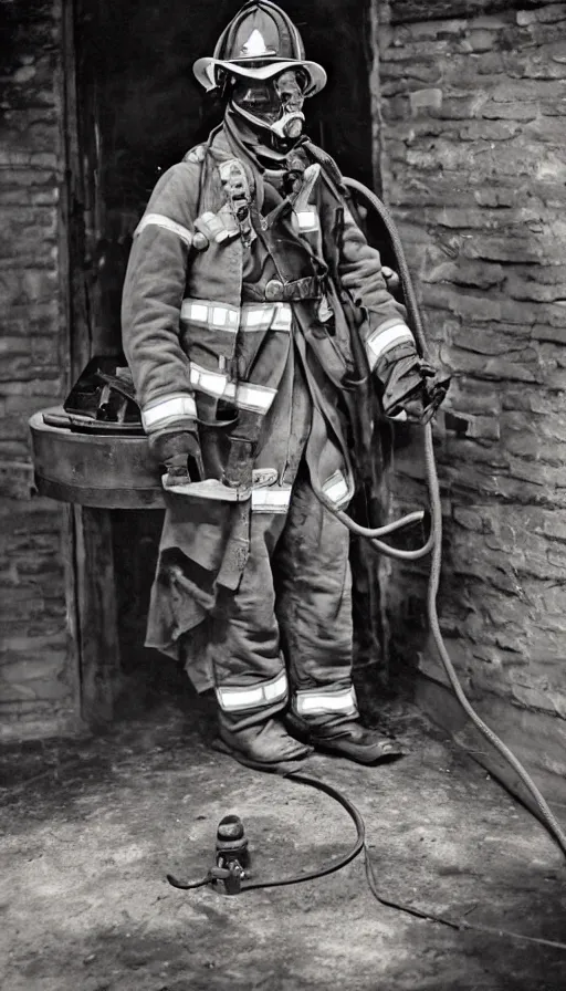 Image similar to 1 8 th century fire fighter with breathing apparatus and high tech gear, cutting edge technology of the time, fire fighter gear from the 1 8 0 0's, fireman wearing protective gear and breathing equipment, early oxygen tanks, early breathing equipment to help survive fires and smoke a museum piece from early 1 8 0 0's