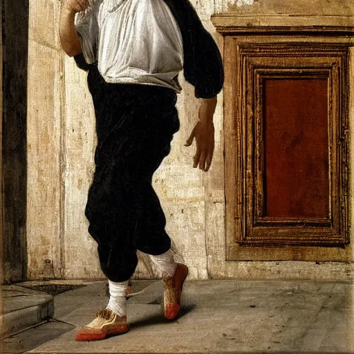 Image similar to guy with white hoodie walking in the music in genoa. painting by veronese