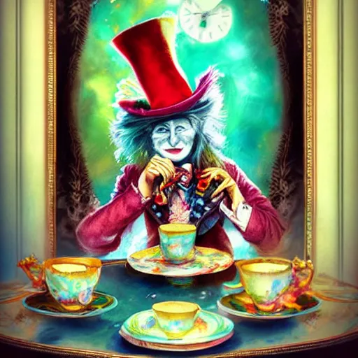 Prompt: the mad hatter from alice in wonderland having a tea party by anna dittmann, highly detailed, bright tones