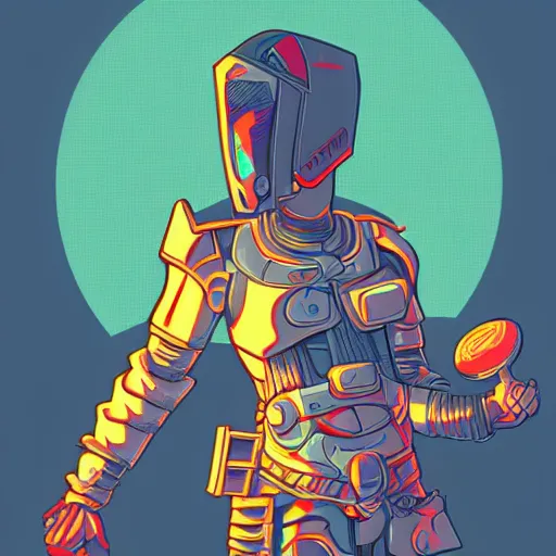 Prompt: katana zero video game character, huge sword, futuristic full body armor, cyborg, synthwave art, colorful, digital art, thiago lehmann