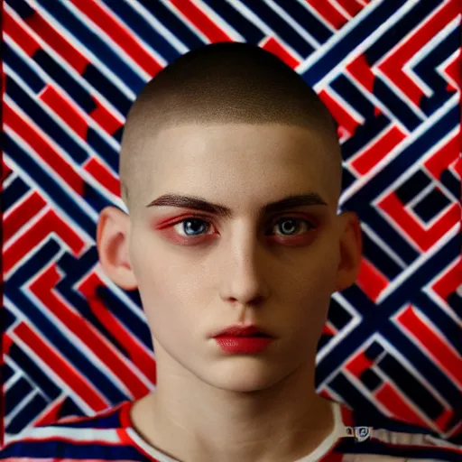 Image similar to red blue stripes t shirt attractive teenager buzz cut hunter eyes high - quality highly detailed photo realistic 8 k