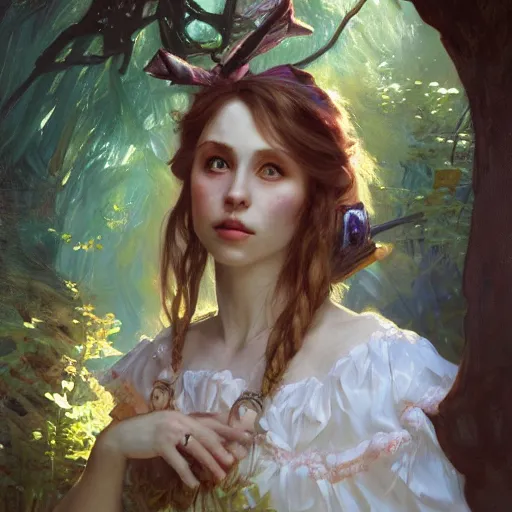 Image similar to close up portrait of alice in wonderland, magical forest, dramatic lighting, high detail, painted, by greg rutkowski, painted by stanley artgerm, painted by alphonse mucha, trending on artstation