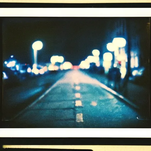 Image similar to colorful instant photograph of the middle of the street at night, polaroid, light leak, raw, nostalgic