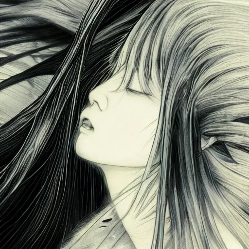 Image similar to yoshitaka amano blurred and dreamy illustration of an anime girl with black eyes, wavy white hair fluttering in the wind wearing elden ring armor and engraving, abstract black and white patterns on the background, noisy film grain effect, highly detailed, renaissance oil painting, weird portrait angle, blurred lost edges, three quarter view