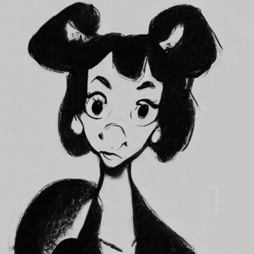 Image similar to milt kahl sketch of black hair cuban girl with dog nose