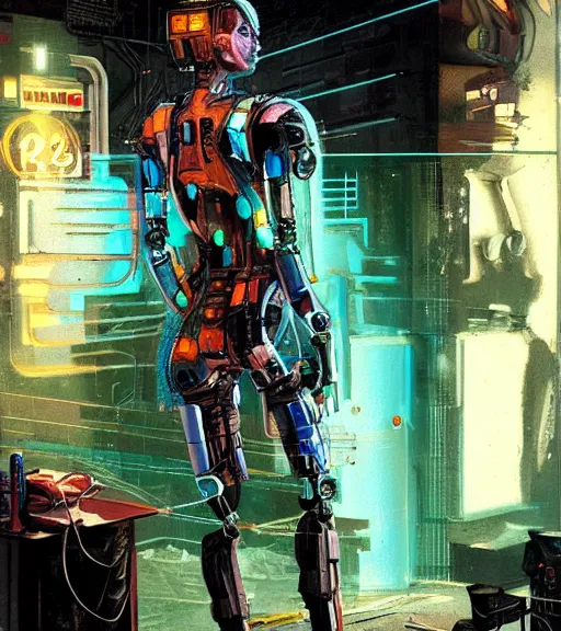 Image similar to robot woman with a hologram for a head, at a cyberpunk market, techwear, dead space, visible face, Industrial Scifi, detailed illustration, character portrait, by Martin Grip and Moebius