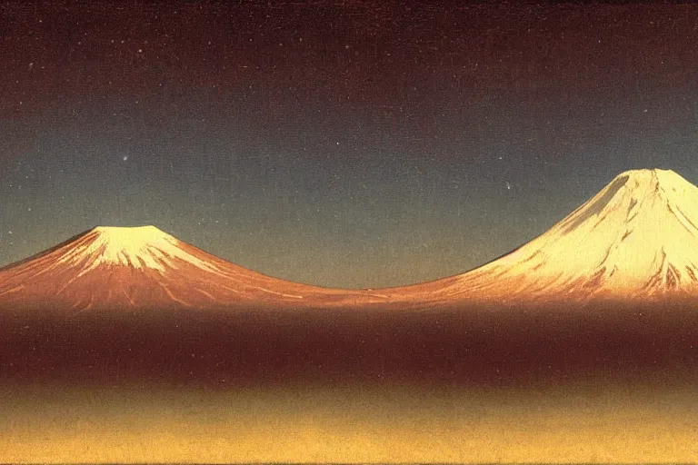 Image similar to a comet over mount fuji, painted by albert bierstadt