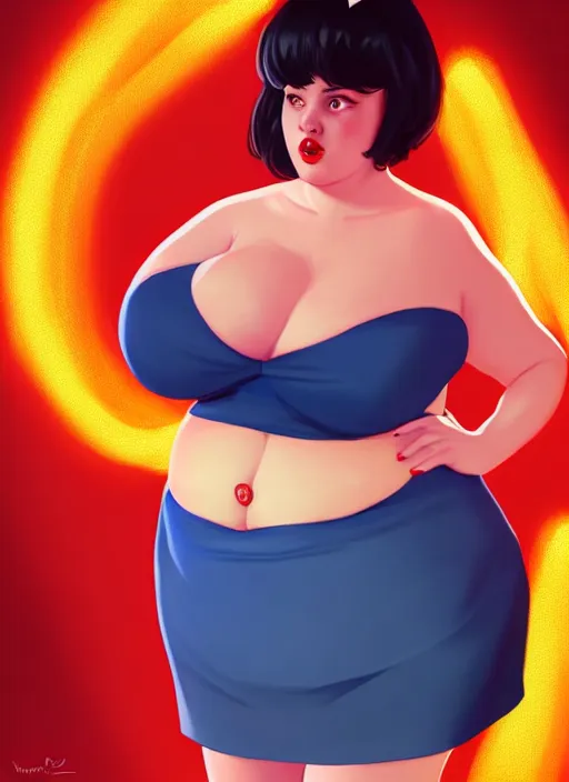 Image similar to full body portrait of teenage veronica lodge, obese, bangs, sultry, realistic, sultry smirk, wavy hair, red skirt, fat, belly, intricate, elegant, glowing lights, highly detailed, digital painting, artstation, concept art, smooth, sharp focus, illustration, art by wlop, mars ravelo and greg rutkowski