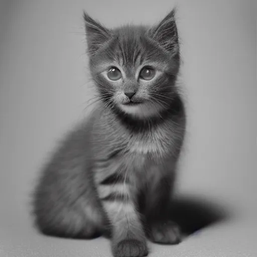 Image similar to a portrait photo of a cute solid gray kitten wearing a tuxedo by edward weston, auto graflex, 2 1 0 mm ƒ / 6 4 zeiss tessar, agfa isopan iso 2 5, pepper no. 3 5, 1 9 3 0, high quality photo, highly detailed, studio lighting, fine - art photography, tack sharp