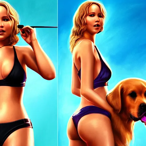 Image similar to highly detailed painting of jennifer lawrence wearing a bikini and her golden retriever dog, gta 5 cover art style, 8 k, radiant light, detailed and intricate environment, trending on artstation