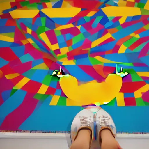 Image similar to a large rubber duck sits alone in a large room next to a birthday cake, the walls are covered with colorful geometric wall paintings in the style of sol lewitt.