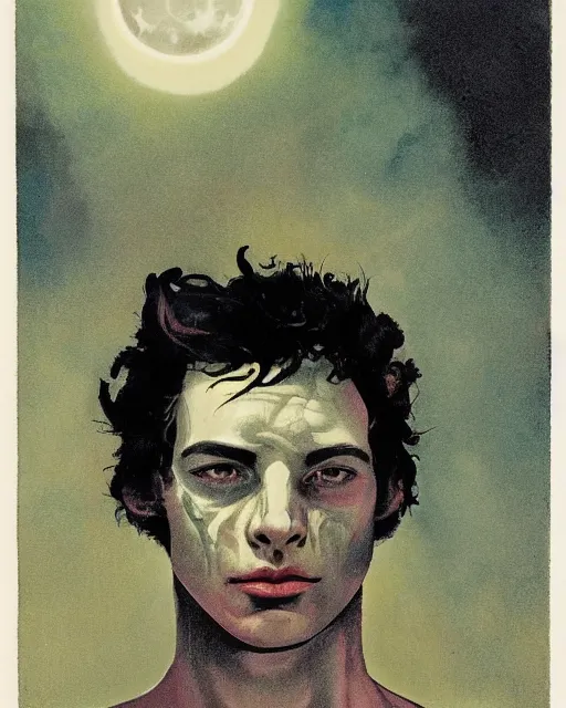 Prompt: a beautiful but sinister young man in dead space, with haunted eyes and wild hair, 1 9 7 0 s, seventies, woodland, a little blood, moonlight showing injuries, delicate embellishments, painterly, offset printing technique, by brom, robert henri, walter popp