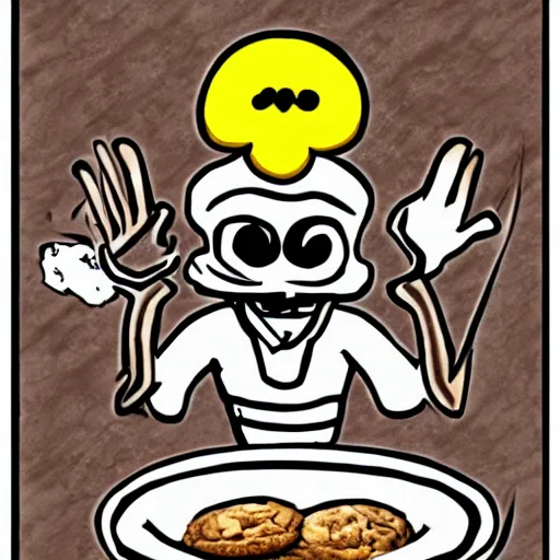 Prompt: evil anthropomorphic cookie cooking a bunch of cookies, in the kitchen, award winning manga style, black ink