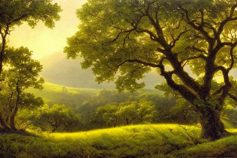 Prompt: masterpiece painting of oak trees on a hillside overlooking a creek, dramatic lighting, by james gurney