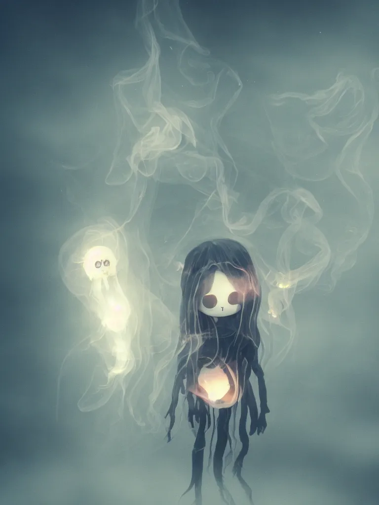 Prompt: cute fumo chibi plush beautiful ectoplasmic gothic skeletal jellyfish ghost girl, glowing milky wisps of hazy smoke and volumetric fog on a still reflective river, lens flare, subsurface scattering, vignette, asymmetry, bokeh, refraction, vray