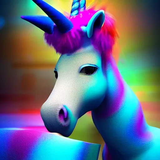 Image similar to full body pose, hyperrealistic photograph of a cute fuzzy rainbow unicorn, dim volumetric lighting, 8 k, octane beautifully detailed render, extremely hyper detailed, intricate, epic composition, cinematic lighting, masterpiece, trending on artstation, very very detailed, stunning, hdr, smooth, sharp focus, high resolution, award, winning photo, dslr, 5 0 mm