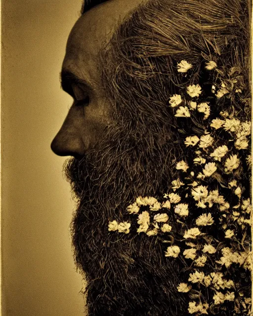 Image similar to a man's face in profile, long beard, made of flowers, in the style of the Dutch masters and Ansel Adams, dark and moody