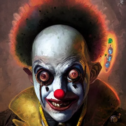 Prompt: Portrait of a creepy steampunk clown, fantasy, colorful, detailed, by Greg Rutkowski and Dave McKean