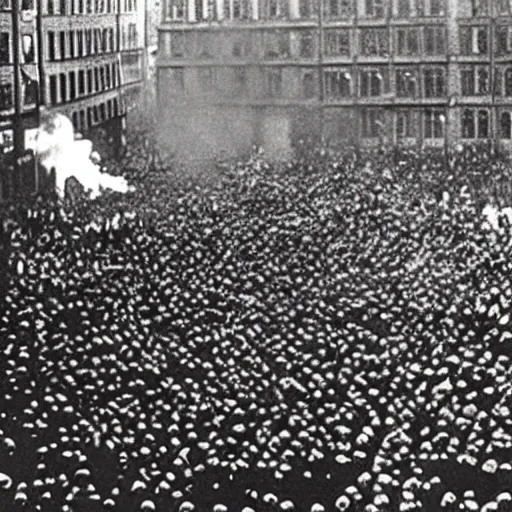 Prompt: Historical footage of a riot caused by Minions, Nuremberg 1930s, grainy, detailed