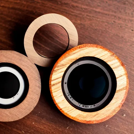 Image similar to camera lens aperture blades made of walnut wood. minimal. dramatic lighting.